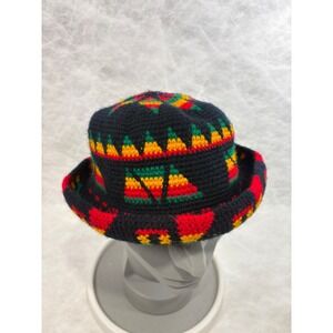Vintage Handmade Rasta Crochet Bucket Hat Black Red Yellow Green Geometric Star
